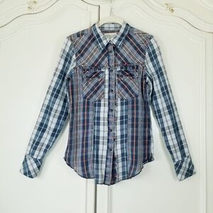 Denim And Supply Ralph Lauren Blue Plaid Fringe Detail Western Snap Top XS